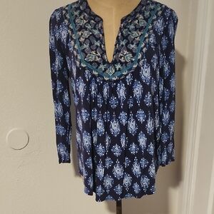 Lucky Brand Blue Patterned Tunic with Embroidery